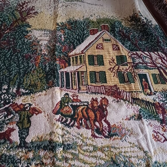 Beautiful Vintage 100% Cotton Throw Blanket Horse Barn and Carriage House Motif - Picture 3 of 11